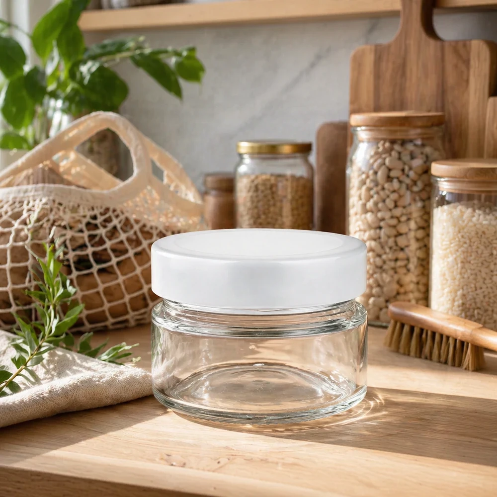 Frasco redondo de 80ml com tampa BasicSeal branco fundo UNiTWIST 80ml Rundglas mit BasicSeal Deckel auf Holzbrett in nachhaltiger Zero-Waste-Küche mit Vorratsglasern