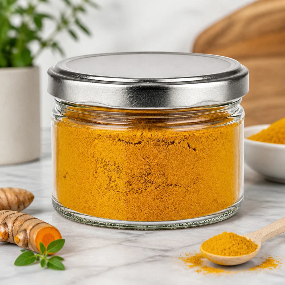 Frasco redondo de 540 ml com tampa de prata cheio de curcuma em pó, armazenamento de especiarias com raízes frescas de curcuma