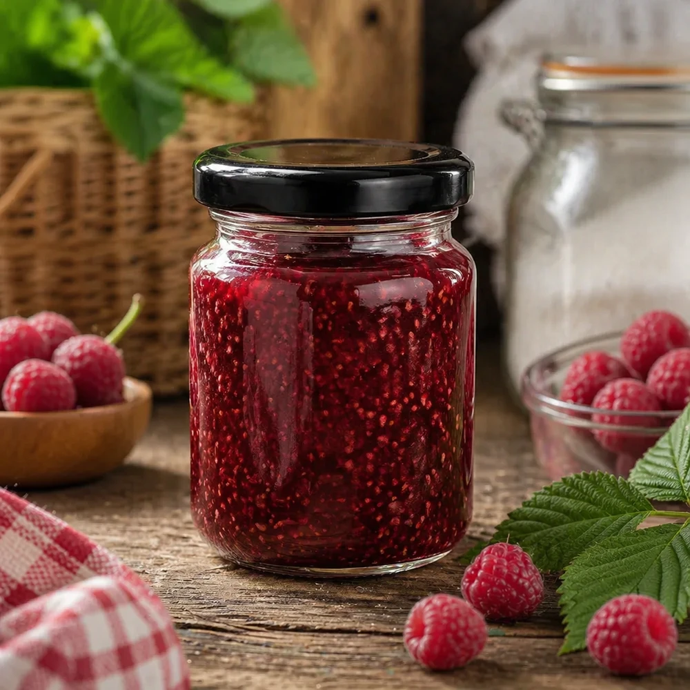 Frasco redondo de 53 ml com tampa preta cheio de compota de framboesa cozinha rústica frasco de compota de frutos silvestres frescos