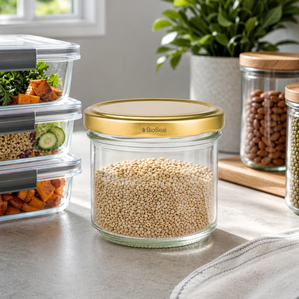 Frasco de armazenamento UNiTWIST de 125 ml cheio de quinoa - tampa dourada TO66 na cozinha moderna com caixas de preparação de refeições