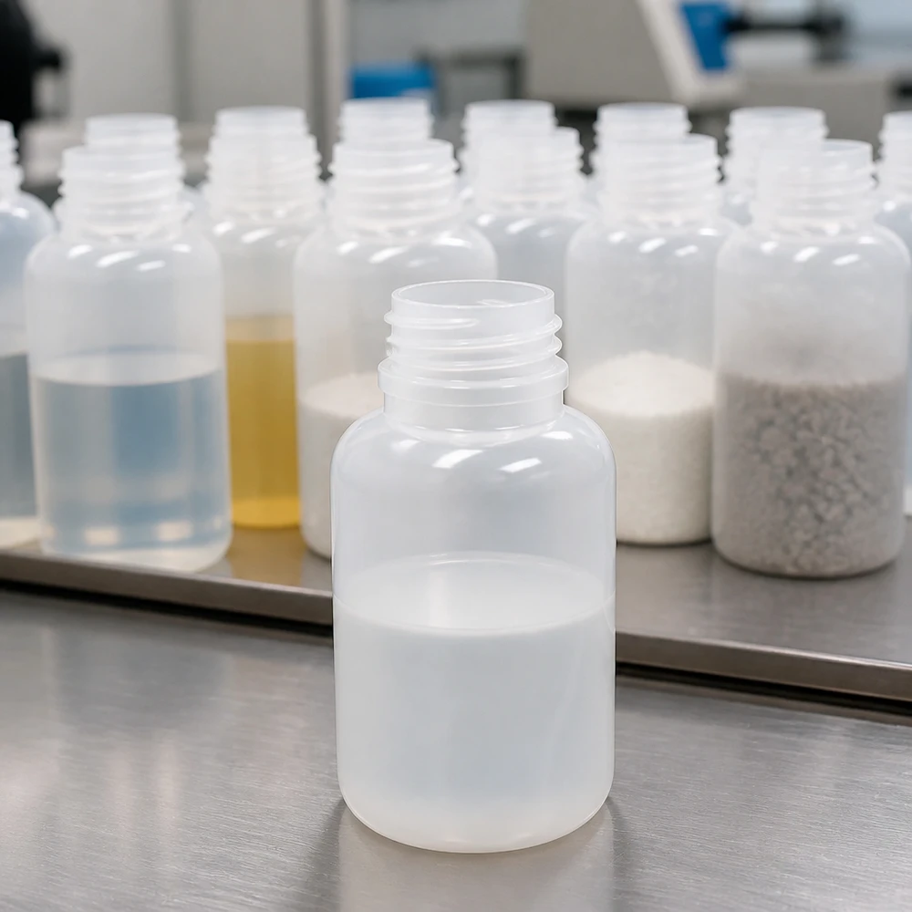 Frasco de laboratório transparente de 250 ml, de gargalo largo, sem tampa, ao lado de amostras de líquidos e pós