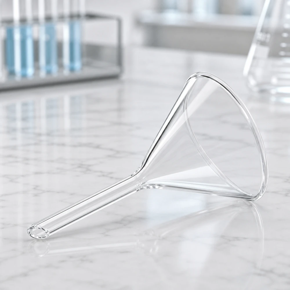 Funil ø55mm cal sodada, ângulo 60°, estilo curto Funil de vidro fabricado com precisão, com um diâmetro de 55 mm, em vidro de cal sodada de alta qualidade para aplicações laboratoriais