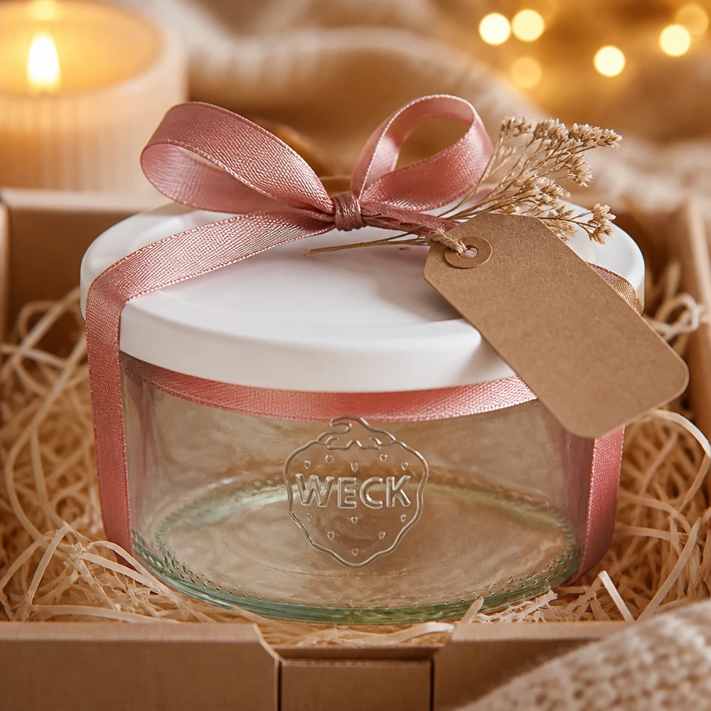 Copos WECK RR80 de 165 ml para oferta, decorados com um laço cor-de-rosa e uma etiqueta de papel kraft numa embalagem rústica