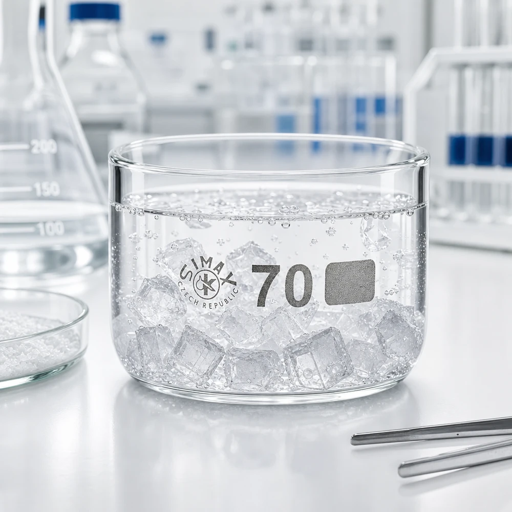 Prato de cristalização de 100ml sem bico em borosilicato ø70mm Bacía de cristalização de 100 ml cheia de cubos de gelo num laboratório, sobre uma bancada branca
