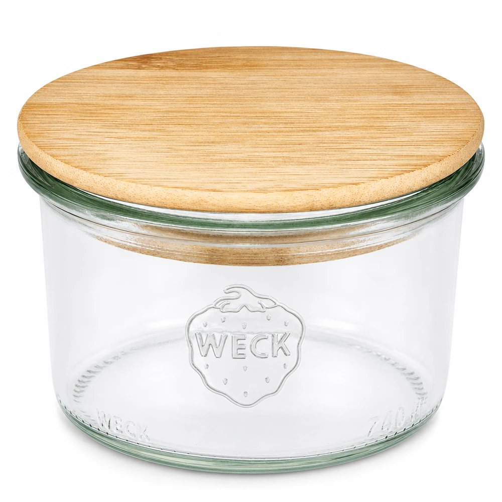 Frasco de pedreiro WECK 200ml RR80 com tampa de madeira de bambu Frasco de pedreiro redondo transparente para cozinha e arrumação