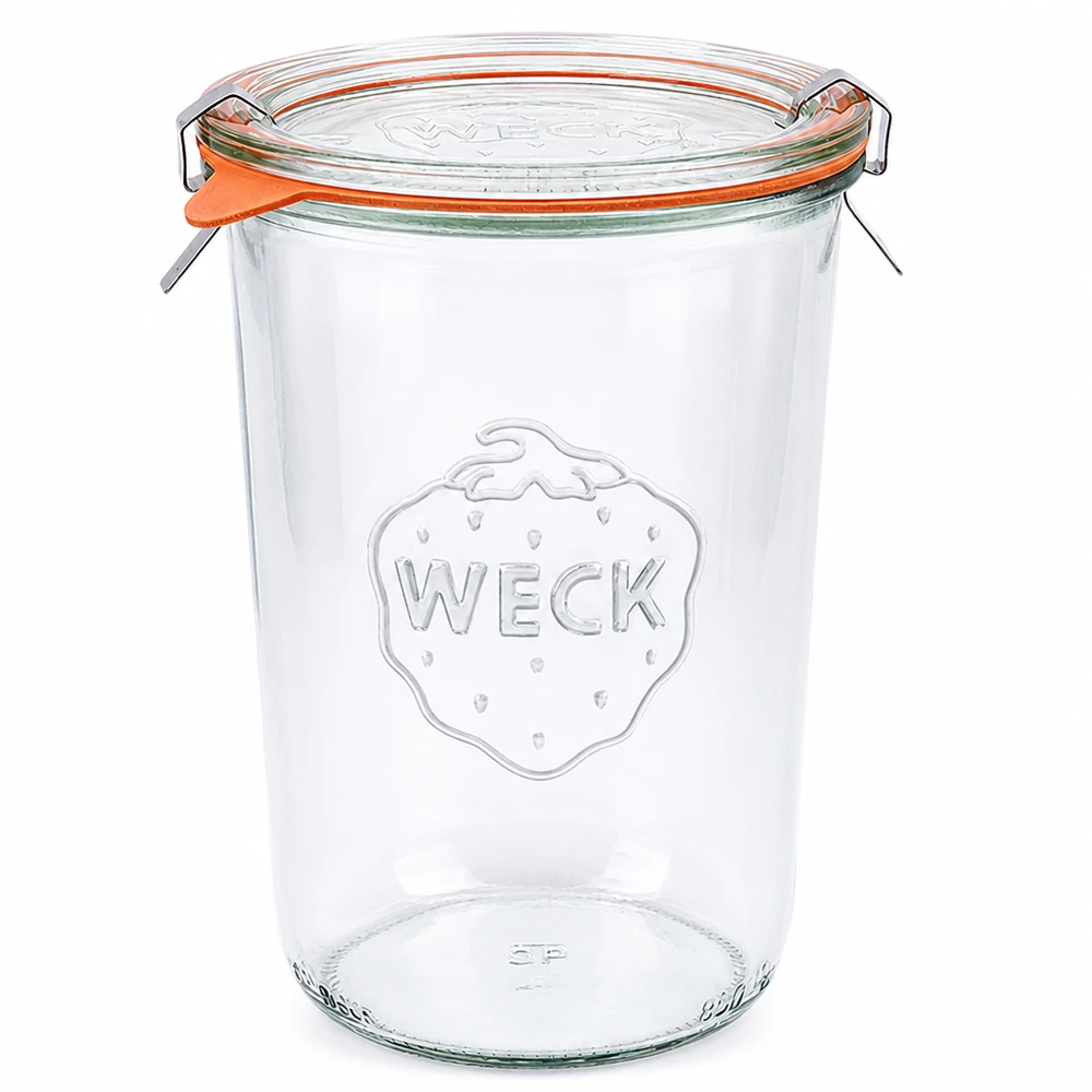 Copos de vidro de 850ml completos WECK RR100 Copos WECK RR100 de 850 ml com tampa de vidro, anel de borracha e pinças para conservação e armazenamento