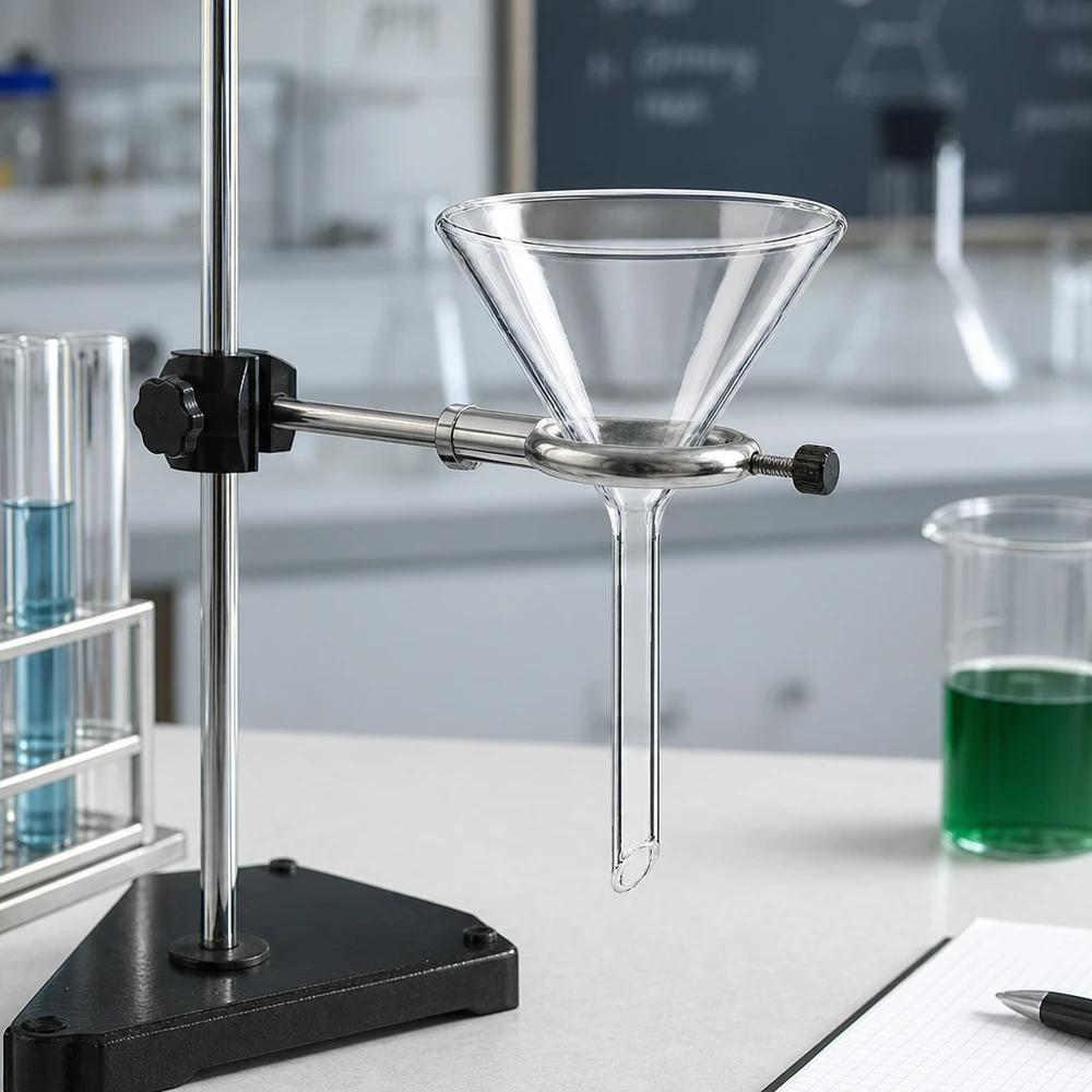 Funil ø60mm cal sodada, ângulo 60°, estilo curto Funil de laboratório em vidro de cal sodada robusto com pega curta compacta para poupar espaço