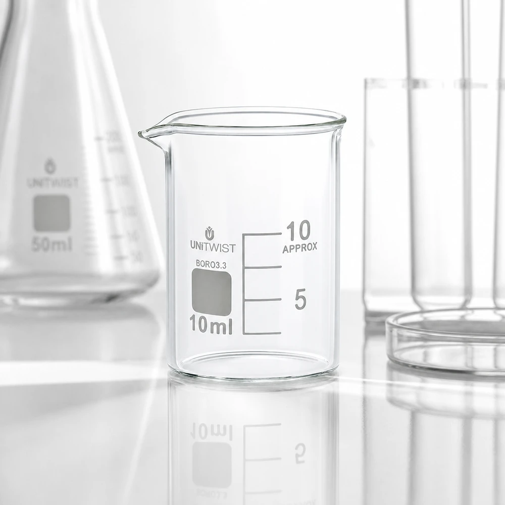 Copo UNiTWIST de 10 ml, de formato baixo, em vidro borossilicato 3.3 resistente ao calor, com bico vertedor