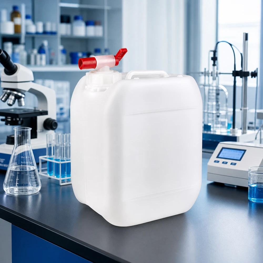 Recipiente retangular de 5 litros com torneira vermelha sobre a mesa de laboratório, ao lado do microscópio e do frasco de Erlenmeyer