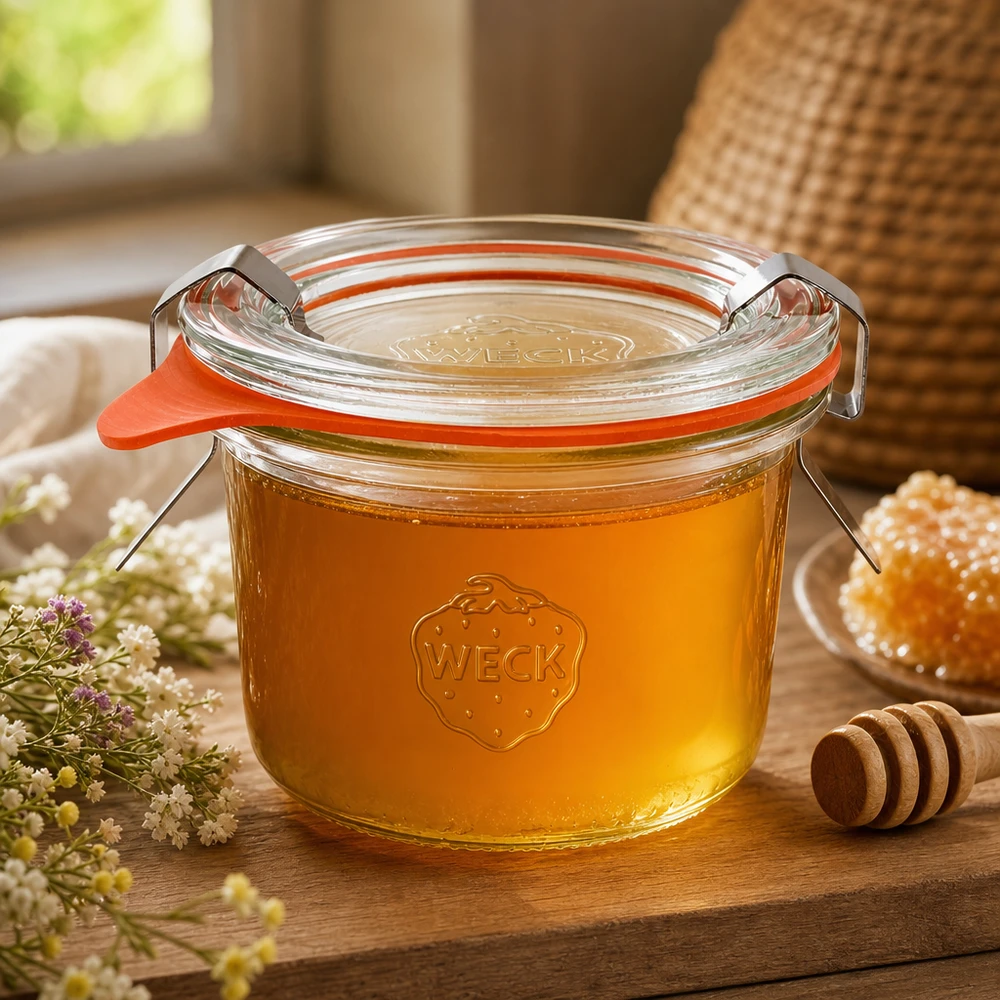 Os copos WECK 80ml RR60 cheios de mel e colher de mel mostram o armazenamento natural de produtos líquidos