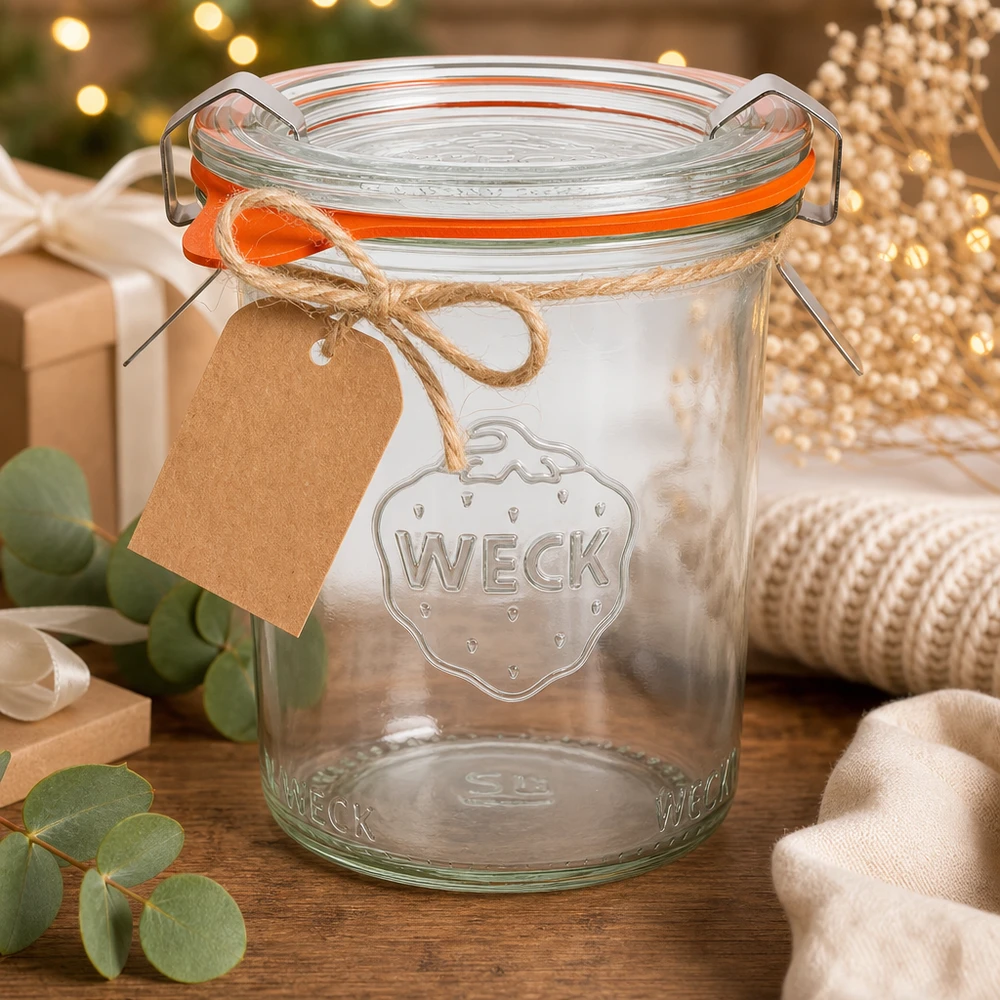 Frasco de pedreiro WECK 160ml RR60 como ideia de presente decorado para o Natal com uma etiqueta de papel kraft e fita de juta