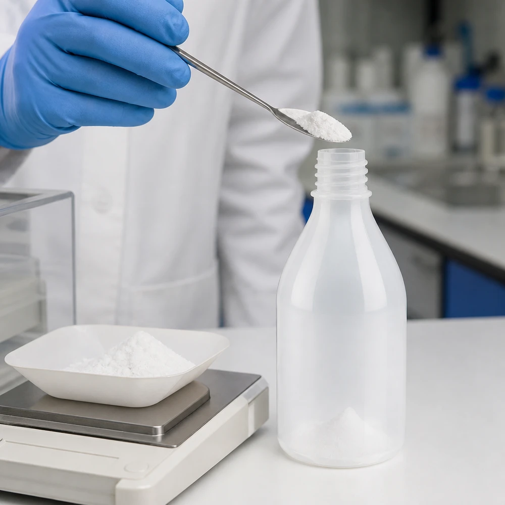 Frasco de laboratório de 100ml com gargalo estreito e sem tampa Um técnico de laboratório enche frascos de gargalo estreito de 100 ml com um pó branco, utilizando uma espátula, no laboratório