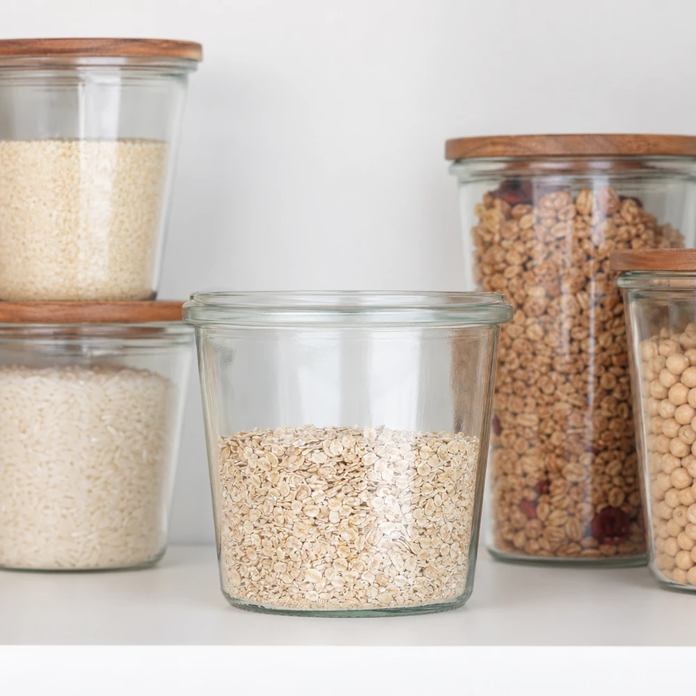 Frasco de vidro cônico WECK RR40 de 35 ml WECK Sturzglas 35ml RR40 mit Holzdeckel zur stilvollen Aufbewahrung von Gewürzen und kleinen Lebensmitteln in der Küche