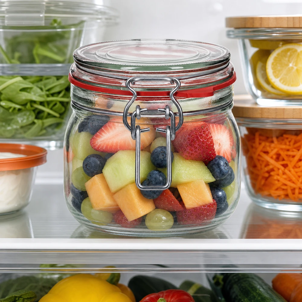 Frasco de armazenamento grande de 634 ml com tampa basculante, perfeito para salada de fruta e fruta fresca