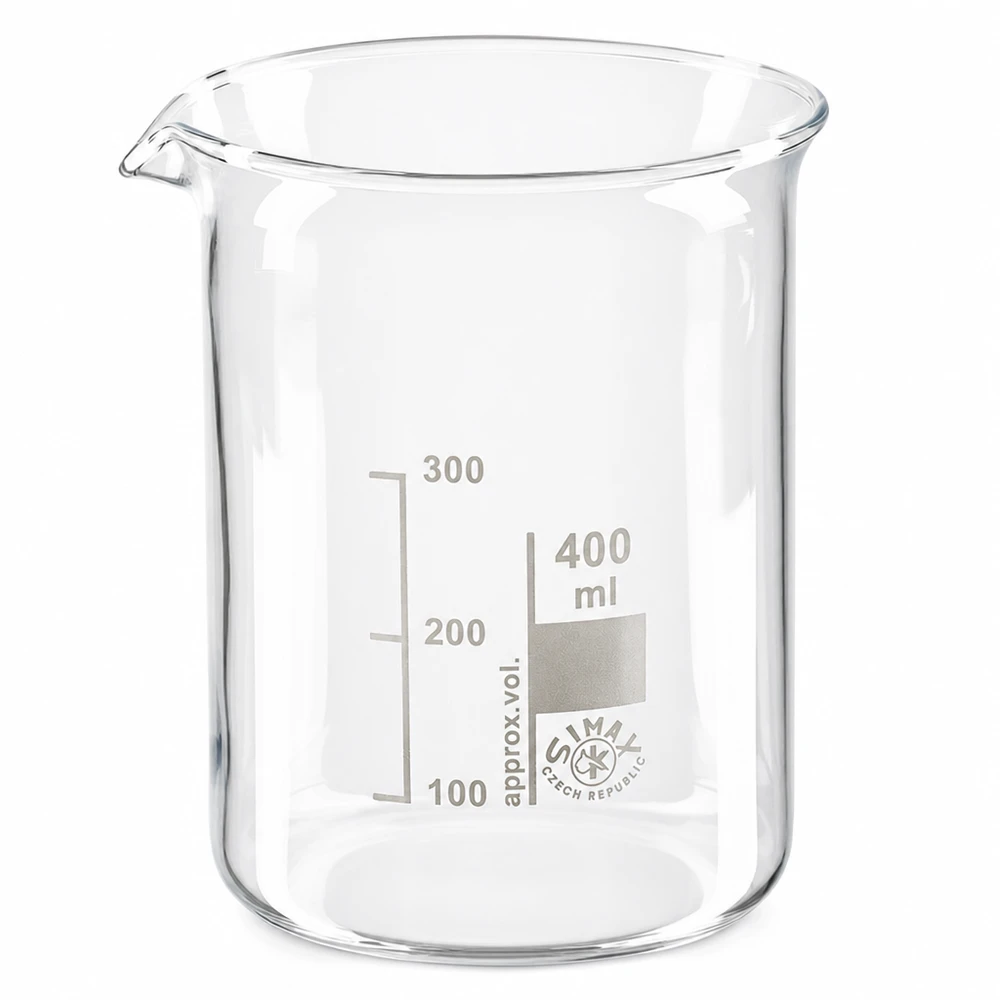 Copo de vidro de borosilicato de 400ml, forma baixa Copo de laboratório preciso de 400 ml em vidro borossilicato resistente ao calor com escala de mililitros