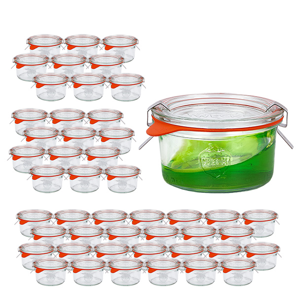 Conjunto de 48 jarras Weck copos de 165ml com 48 tampas de vidro Conjunto de 48 jarras Weck copos de 165ml com 48 tampas de vidro