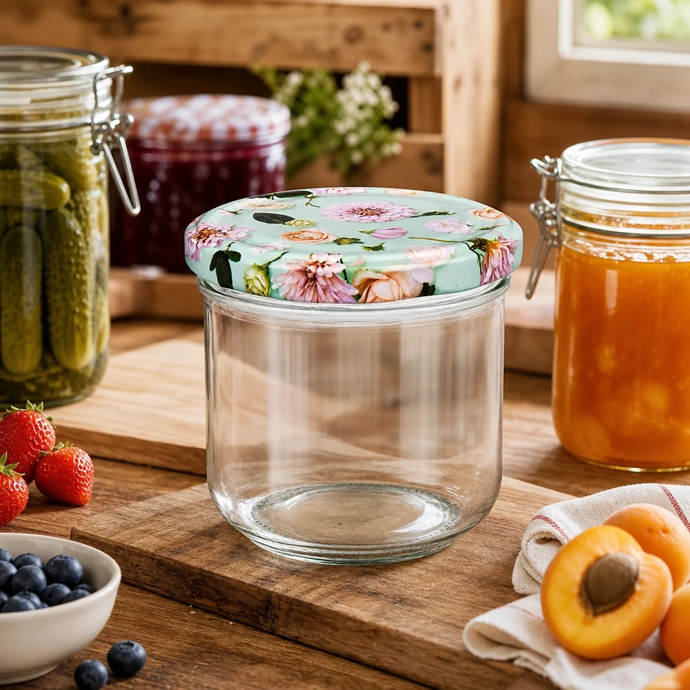 Copos de vidro de 260 ml + tampa BasicSeal flor menta UNiTWIST Frasco de conserva de 260 ml vazio com tampa floral BasicSeal hortelã entre frascos de conserva numa cozinha rústica com fruta fresca
