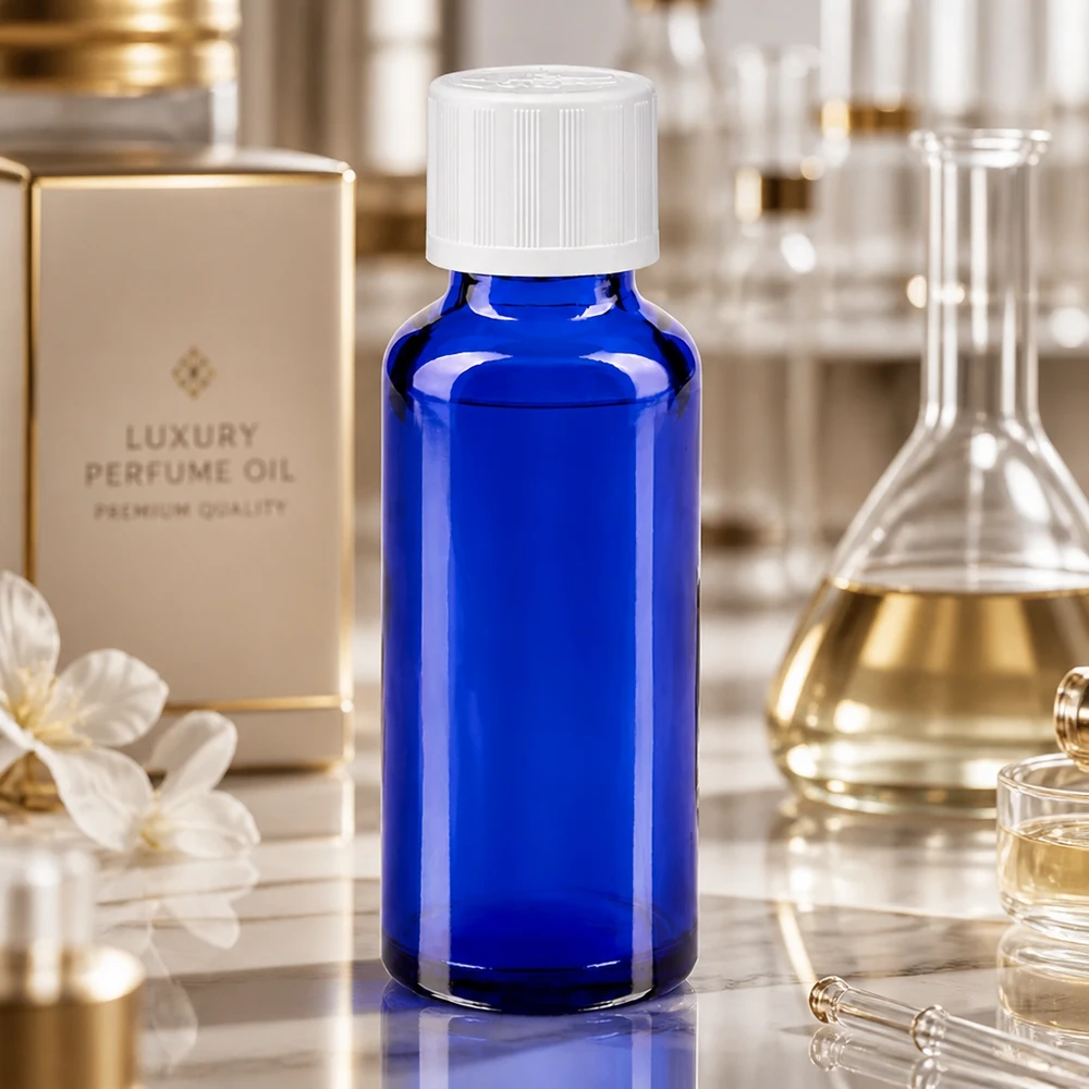 Frasco de laboratório de 30 ml em vidro azul cobalto com tampa de segurança para crianças branca, num ambiente de laboratório
