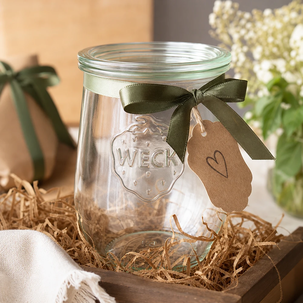 Frasco de tulipas WECK 1062ml RR100 tampa de vidro caixa de oferta laço verde pendente decoração de material artesanal