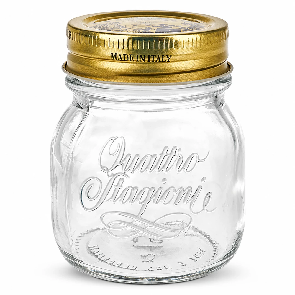 Frasco redondo de 150 ml "Quattro Stagioni" com tampa Frasco redondo de 150 ml Quattro Stagioni com tampa dourada Fabricado em Itália para conservas e enlatados