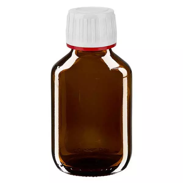 Frasco de medicamento de 100ml castanho, tampa branca com anel inviolável ApoGlas vermelho Frasco de medicamento de 100ml castanho, tampa branca com anel inviolável ApoGlas vermelho