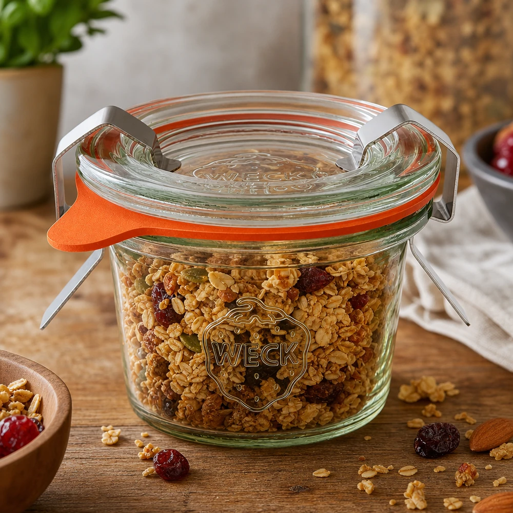 35ml Sturzglas komplett WECK RR40 O frasco de pedreiro WECK 35ml RR40 cheio de muesli e frutos secos mostra a sua utilização versátil como frasco de arrumação