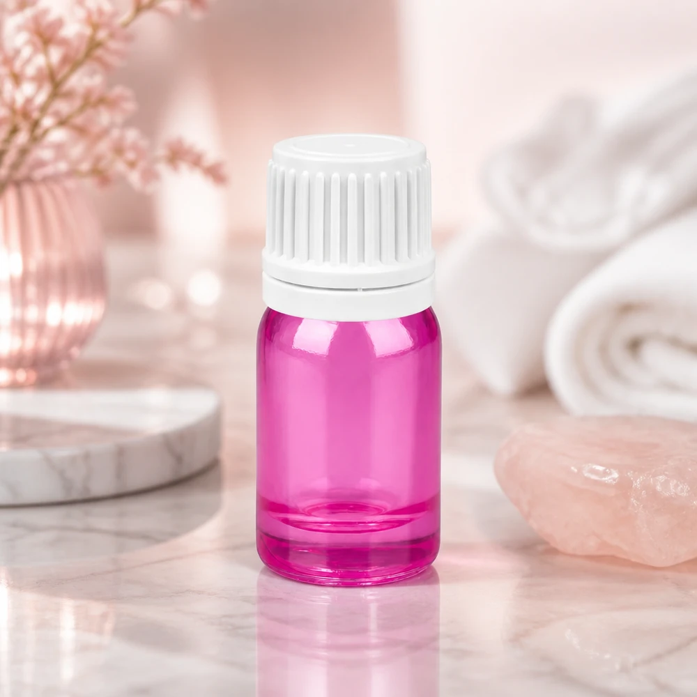 Frasco de vidro elegante de 5 ml em violeta brilhante com tampa branca para produtos de cuidados da pele