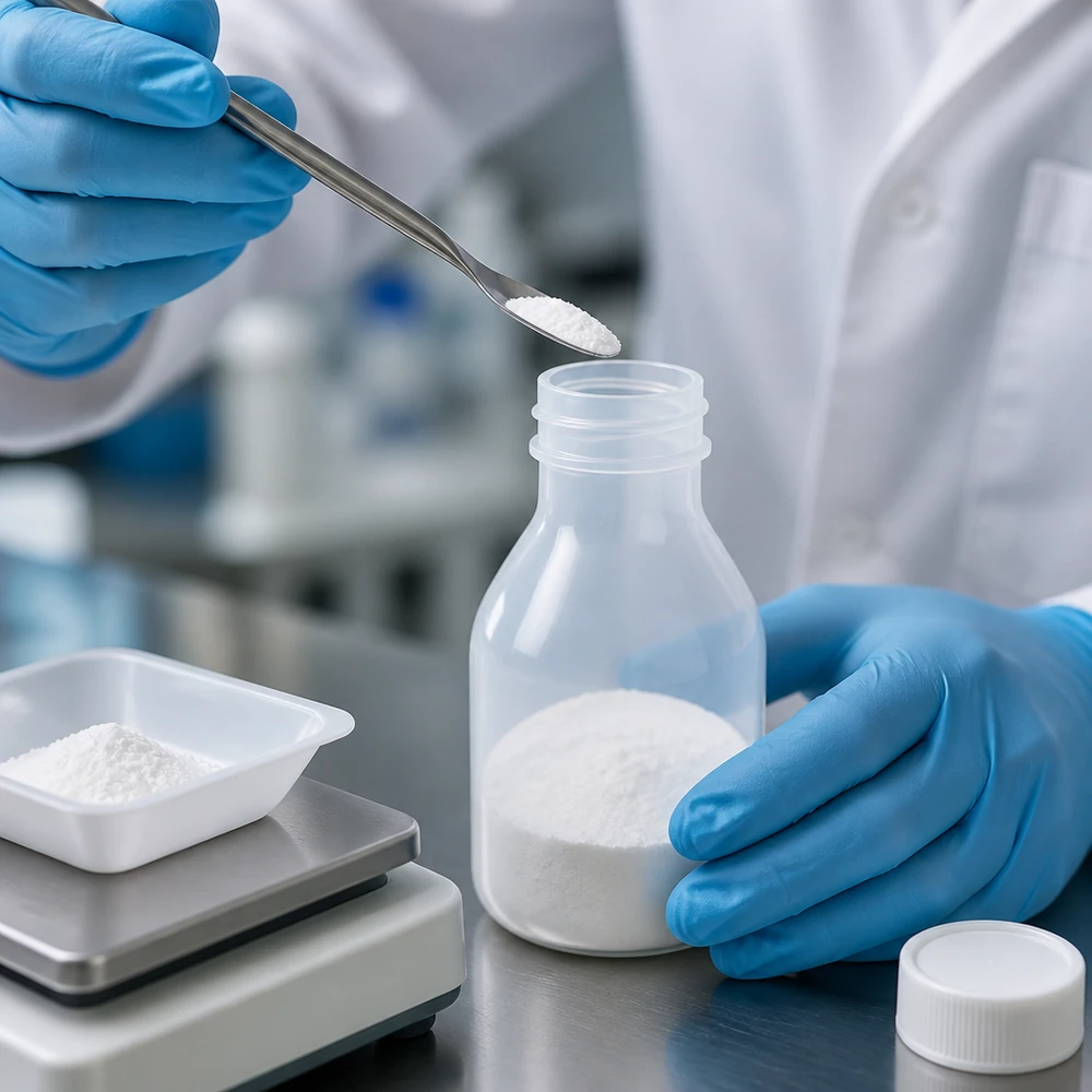 Frasco de 20ml com tampa de rosca, frasco de laboratório com gargalo estreito Um cientista pesa um pó branco numa balança de precisão para um frasco de PE com tampa de rosca de 20 ml e gargalo estreito