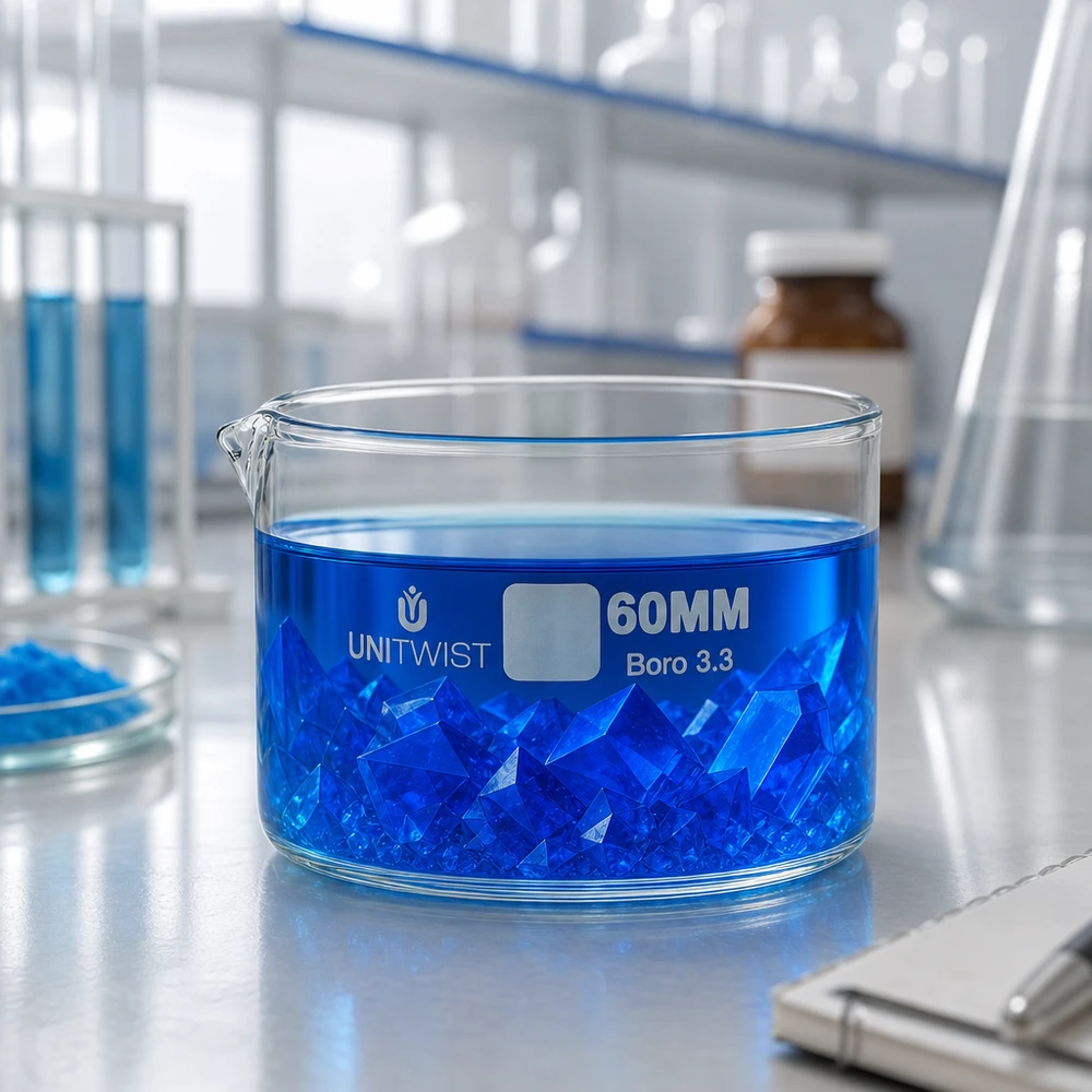 Bandeja de cristalização UNiTWIST de 60 mm com solução azul de sulfato de cobre e cristais para utilização em laboratório