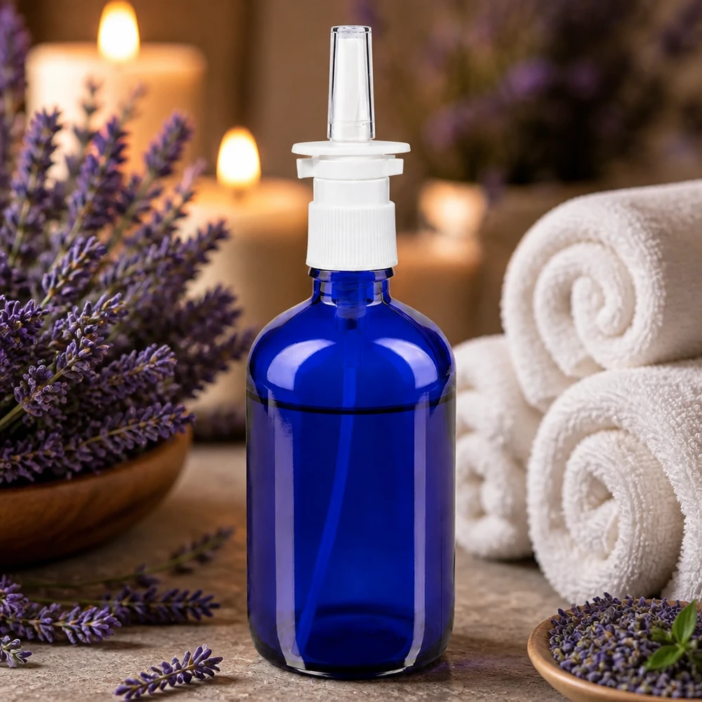 Frasco de vidro de farmácia azul de 100 ml para spray nasal, com bico pulverizador branco, em frente a flores de lavanda e velas