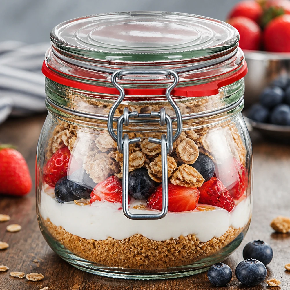 Frasco de conservação de 634 ml, tipo G, com tampa de alça UN.. Frasco de conserva de 634 ml com tampa basculante, perfeito para a criação de aveia e muesli durante a noite