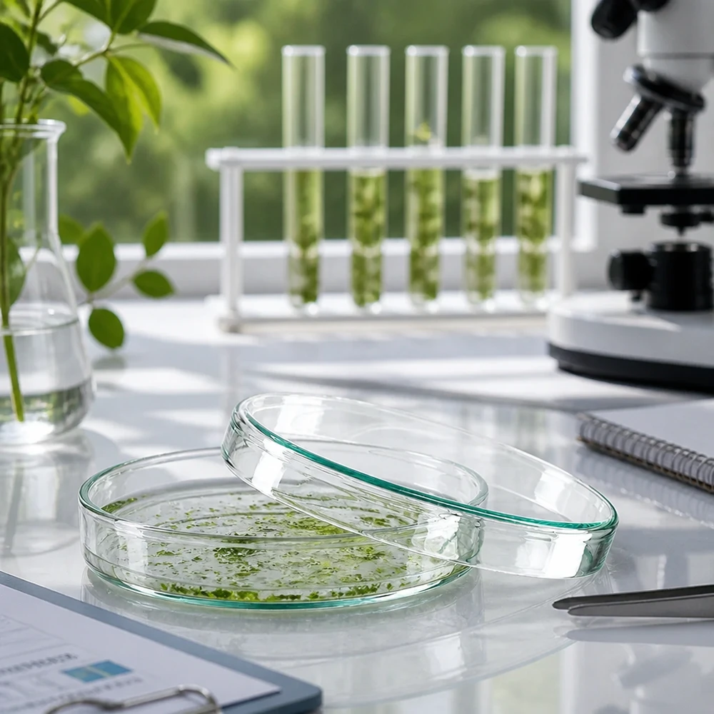 Placa de Petri de vidro, 100 x 20 mm, com culturas de plantas verdes no laboratório de investigação botânica