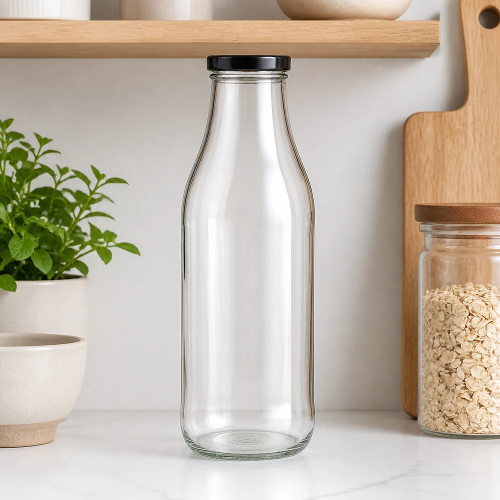 Garrafa de vidro vazia de 1000 ml com tampa preta numa cozinha moderna junto a prateleiras de madeira e planta de ervas aromáticas
