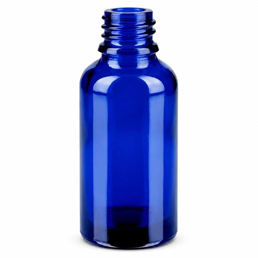 Frasco de 30 ml com tampa de rosca de 11 mm azul com fecho inviolável BlueLine UT18/30 Frasco de vidro compacto de 30 ml em azul profundo com rosca de 11 mm para dosagem precisa de líquidos