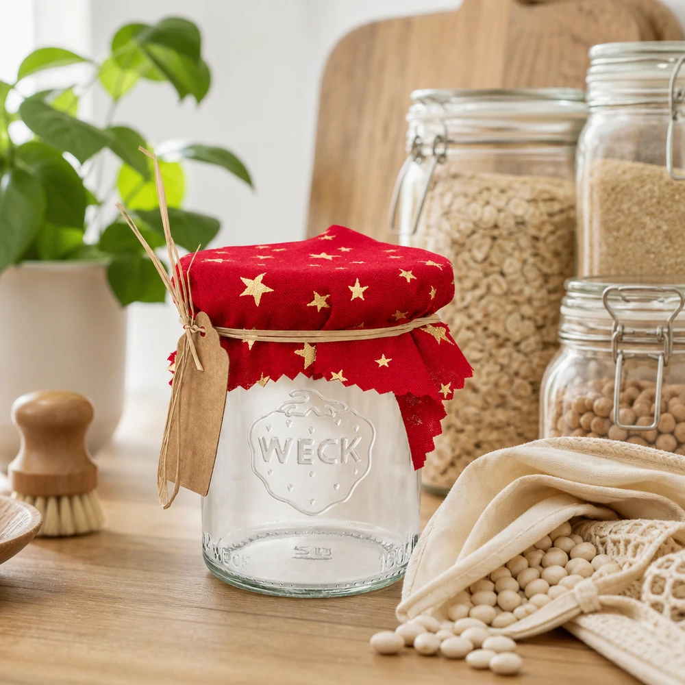 Pano de cozinha para jóias vermelho "estrelas" quadrado de 12 cm Guardanapo decorativo vermelho com estrelas 12cm no frasco WECK em cozinha sustentável de desperdício zero com leguminosas