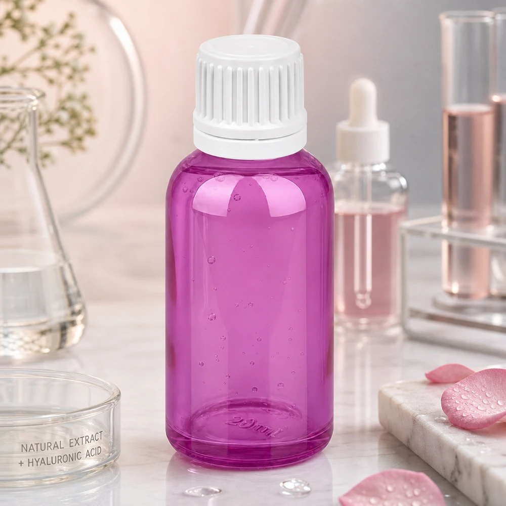 Frasco de cosméticos roxo de 30 ml com tampa de rosca branca para soros e cuidados faciais