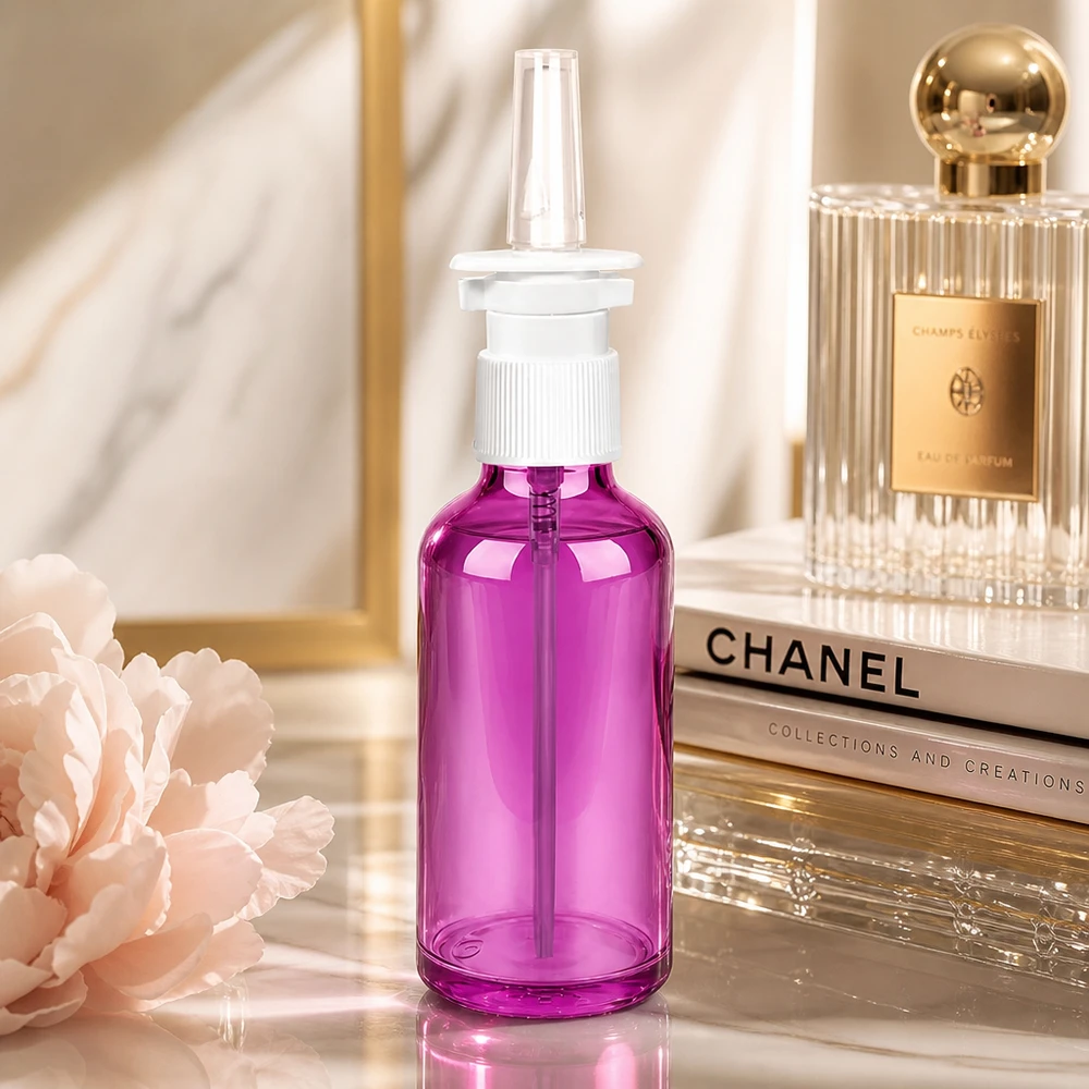 Frasco de spray nasal de 50 ml de alta qualidade em roxo com rosca padrão UT18/50 para fins farmacêuticos