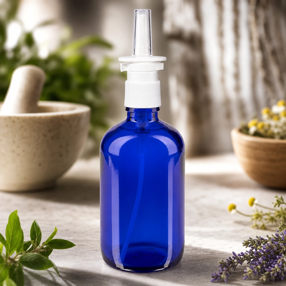 Frasco de vidro azul de 100 ml com bico pulverizador nasal, entre o pilão de Morse e as taças de ervas