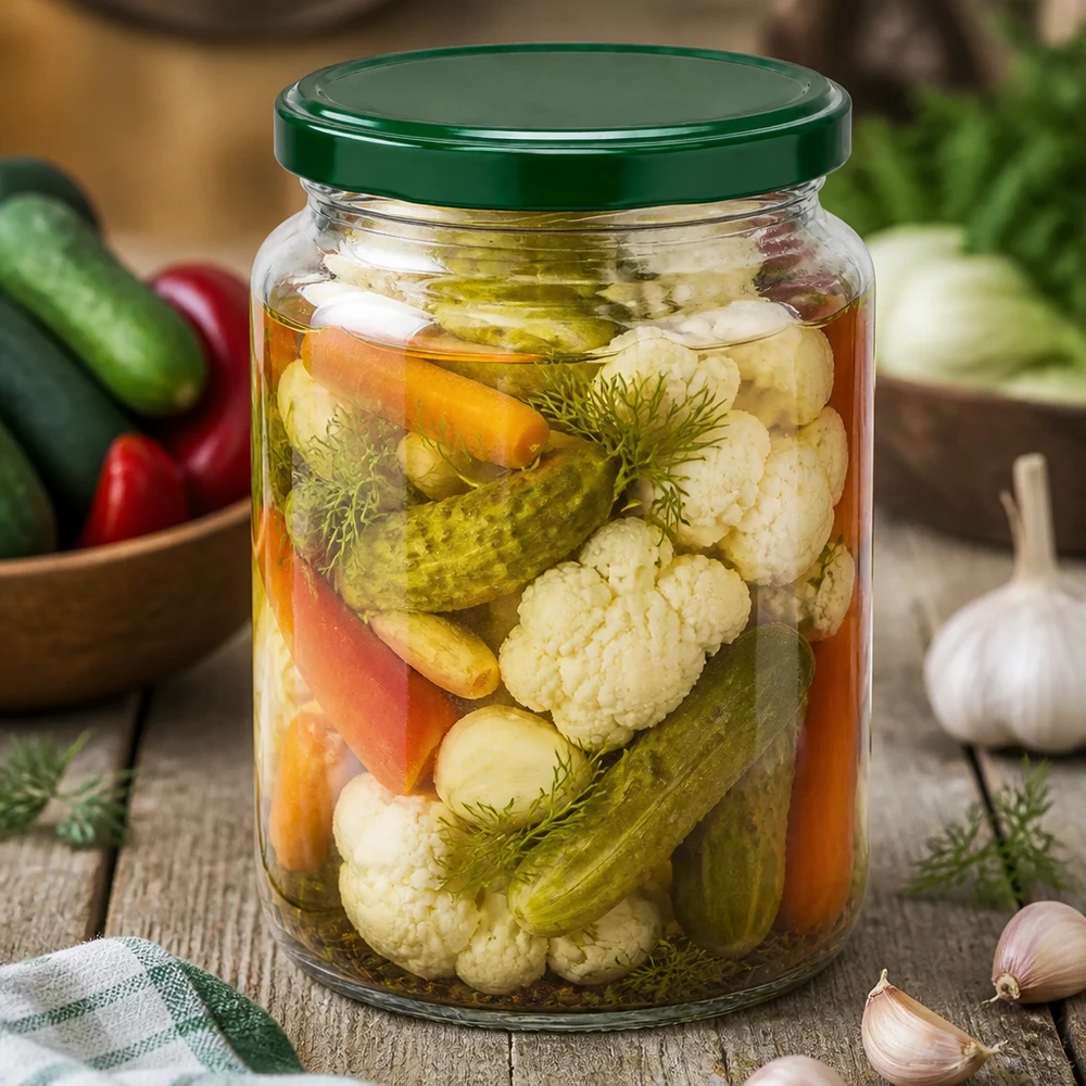 Frasco redondo UNiTWIST de 795 ml com legumes mistos em conserva e endro - tampa BasicSeal verde para conservas e fermentação