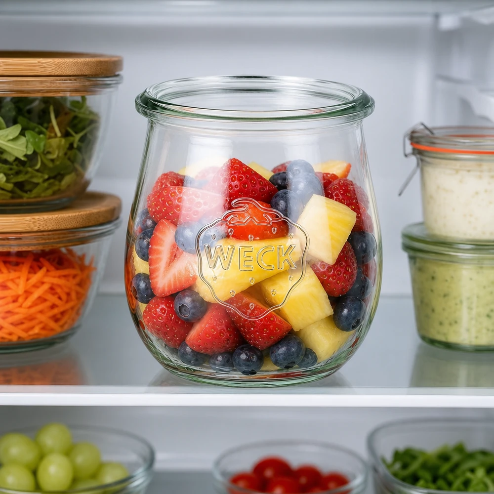 Frasco tulipa de 220ml WECK RR60 Frasco tulipa WECK 220ml RR60 no frigorífico com salada de frutas de morangos, mirtilos e ananás como recipiente de preparação de refeições