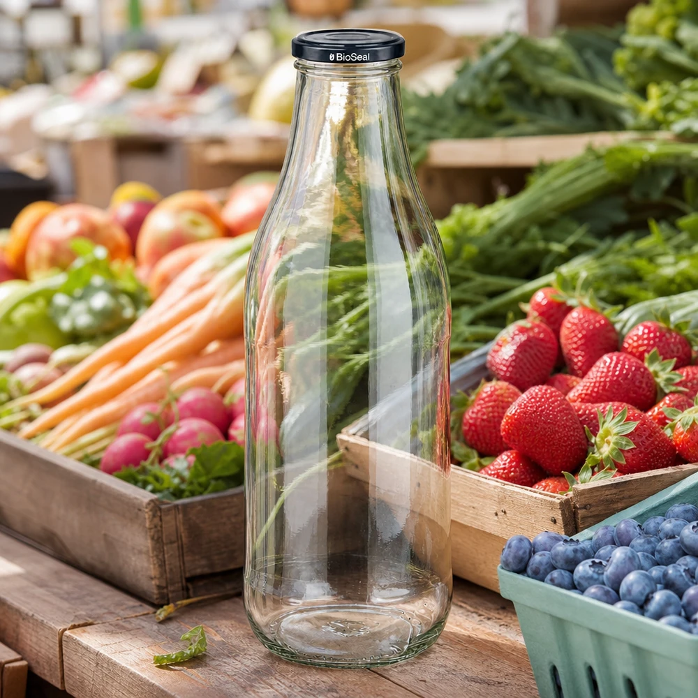 Garrafa de vidro de 1000 ml + tampa BioSeal preta UNiTWIST Garrafa de vidro de 1000 ml Tampa BioSeal banca de mercado negro fruta fresca legumes morangos mirtilos sustentável regional