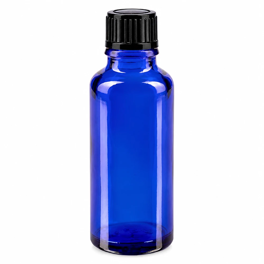 Frasco de vidro azul de farmácia com 30 ml e tampa preta padrão de 11 mm
