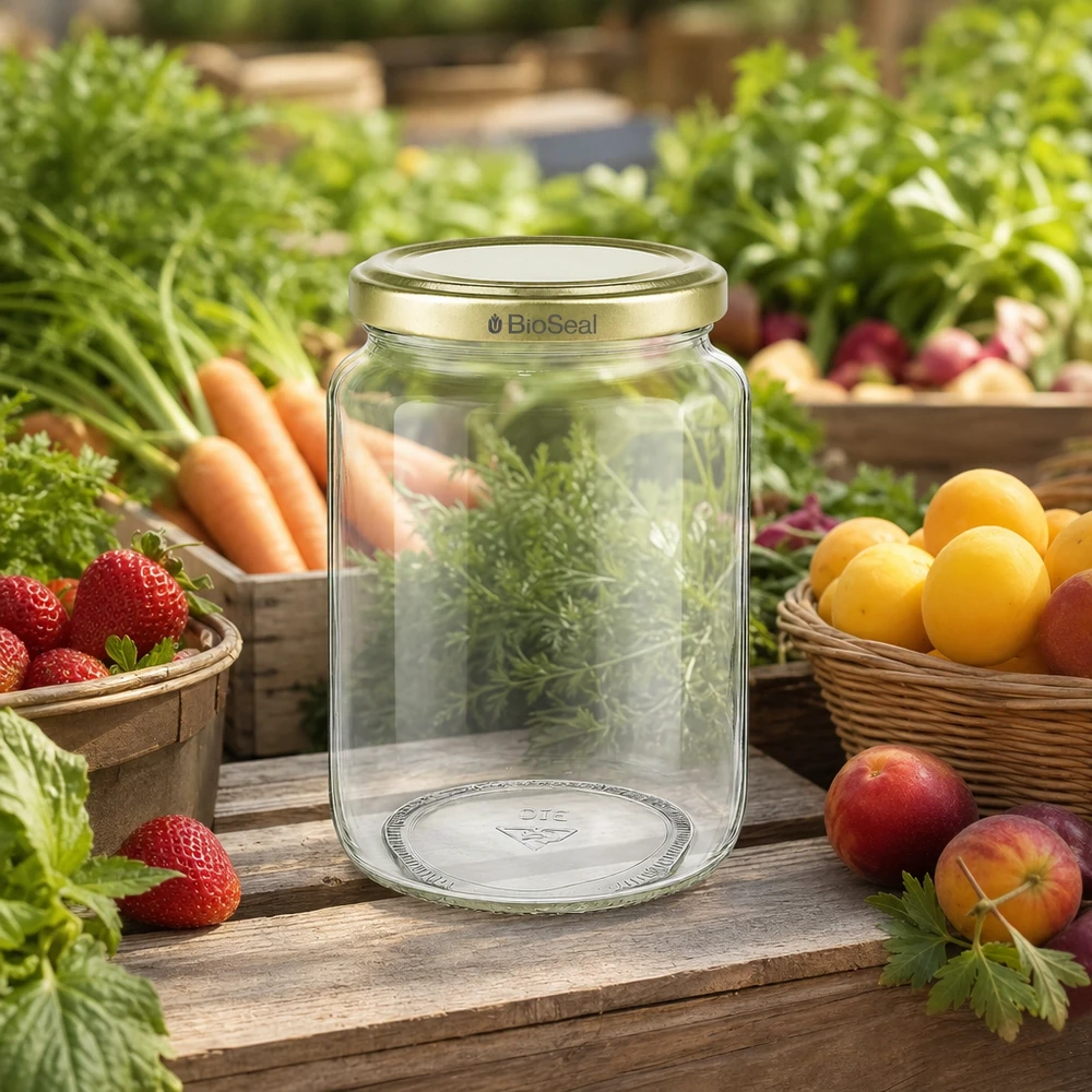 1000g Honigglas mit goldenem Deckel BioSeal UNiTWIST O frasco de mel BioSeal de 1000 g rodeado de frutas e legumes frescos mostra a frescura natural e a conservação