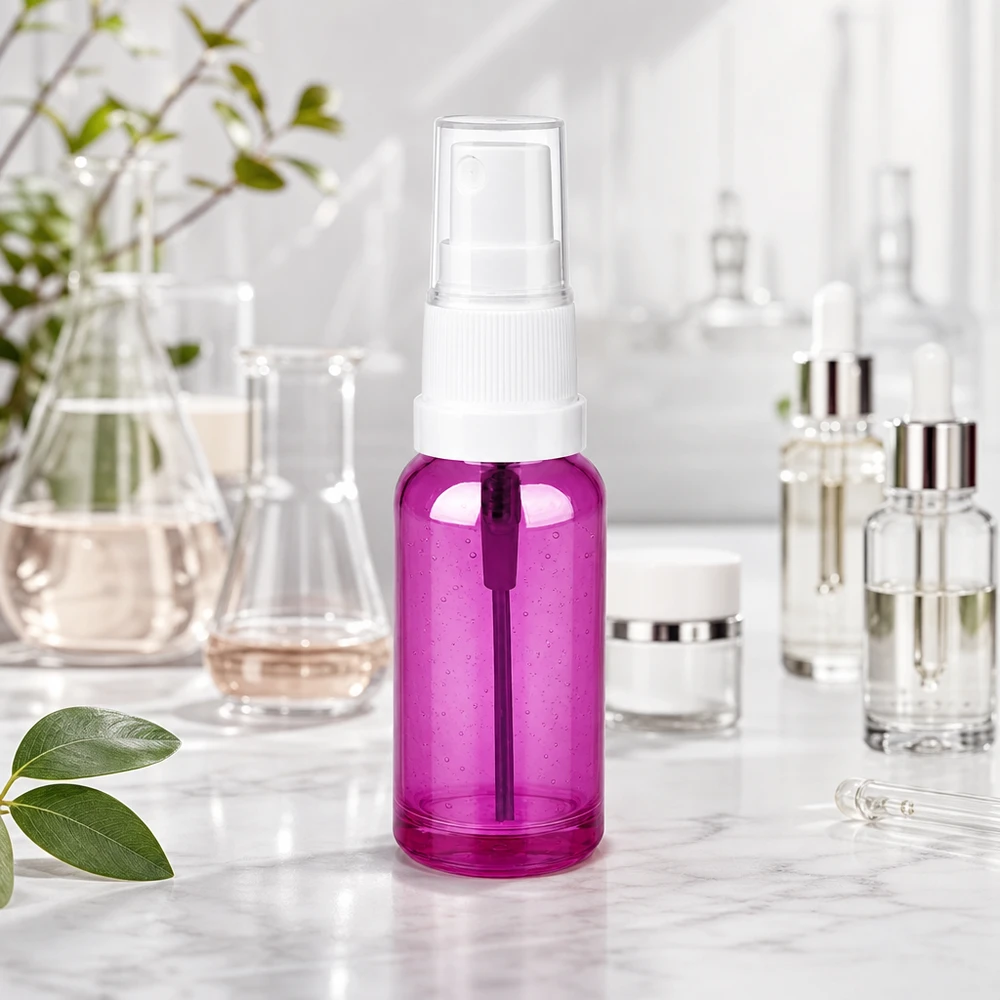 Frasco de spray transparente de 20 ml em design PurpleLine com cabeça de spray branca para produtos cosméticos