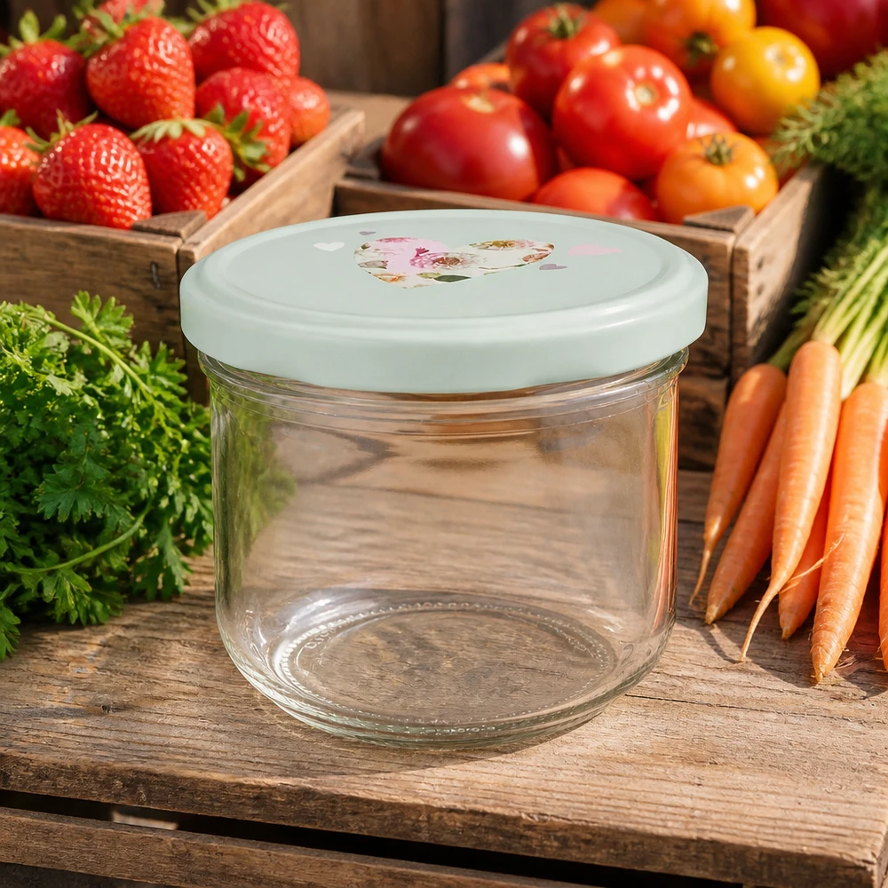 Copos de vidro de 260 ml + tampa BasicSeal coração menta UNiTWIST Frasco de vidro de 260 ml vazio com tampa BasicSeal verde menta em frente de tomates frescos, morangos e cenouras numa mesa de madeira