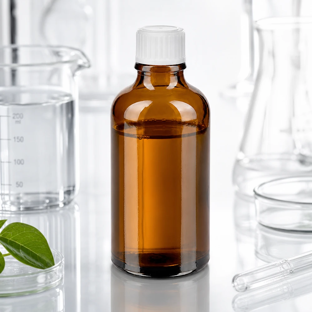 Frasco de vidro castanho de 50 ml com tampa branca padrão num ambiente laboratorial profissional