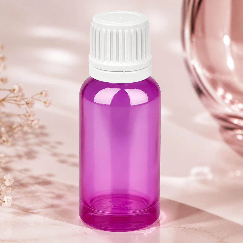 Frasco conta-gotas de 20 ml em plástico de alta qualidade com design Purple Line e tampa branca