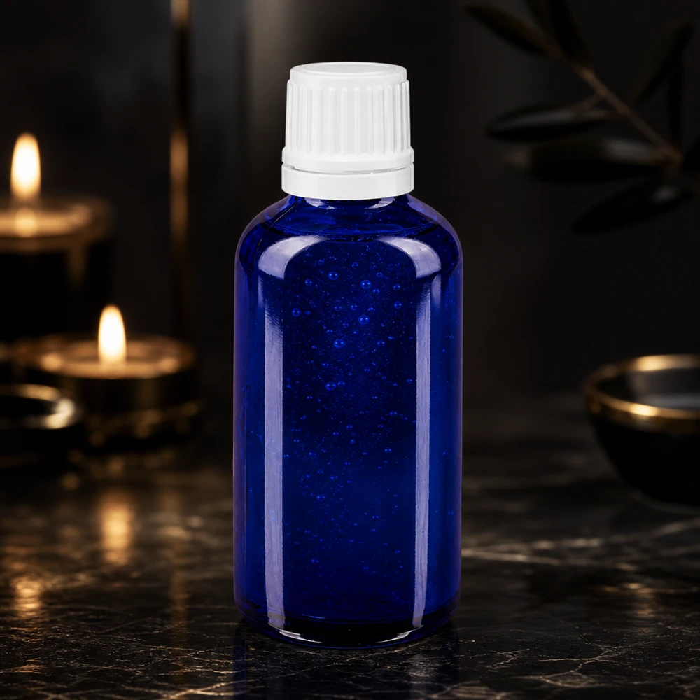Frasco de farmácia azul 50ml tampa conta-gotas 1.2mm branco fecho inviolável Garrafa de vidro azul e esguia de 50 ml com tampa de rosca branca sobre mármore escuro