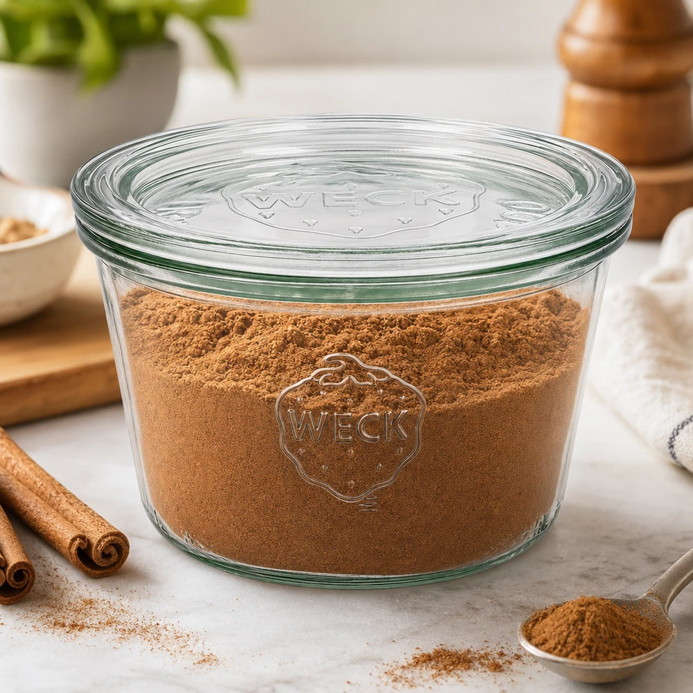 Copos WECK 370ml RR100 cheios de cacau em pó rodeado de paus de canela para guardar especiarias na cozinha