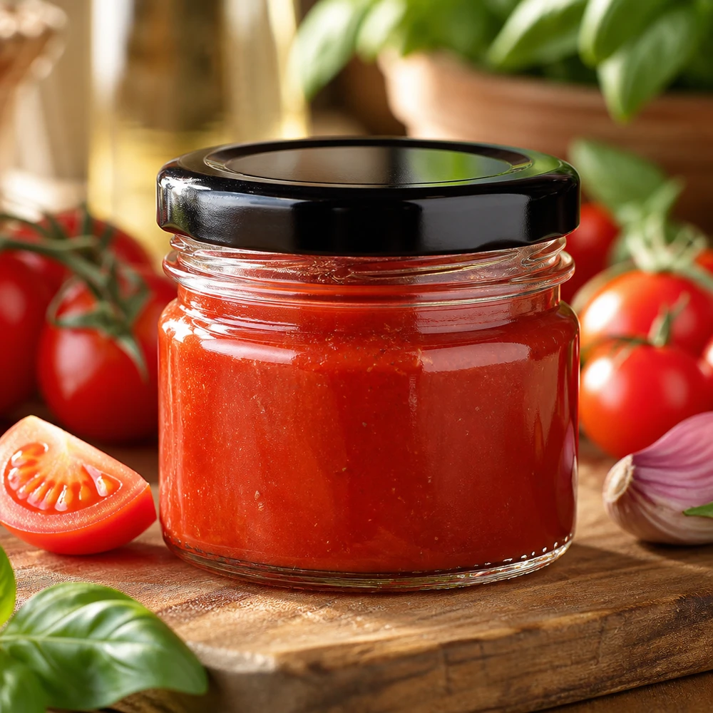 Frasco redondo de vidro de 33 ml + tampa BasicSeal preta UNiTWIST Molho de tomate num frasco redondo de vidro de 33 ml com tampa preta BasicSeal, sobre uma tábua de madeira com tomates frescos